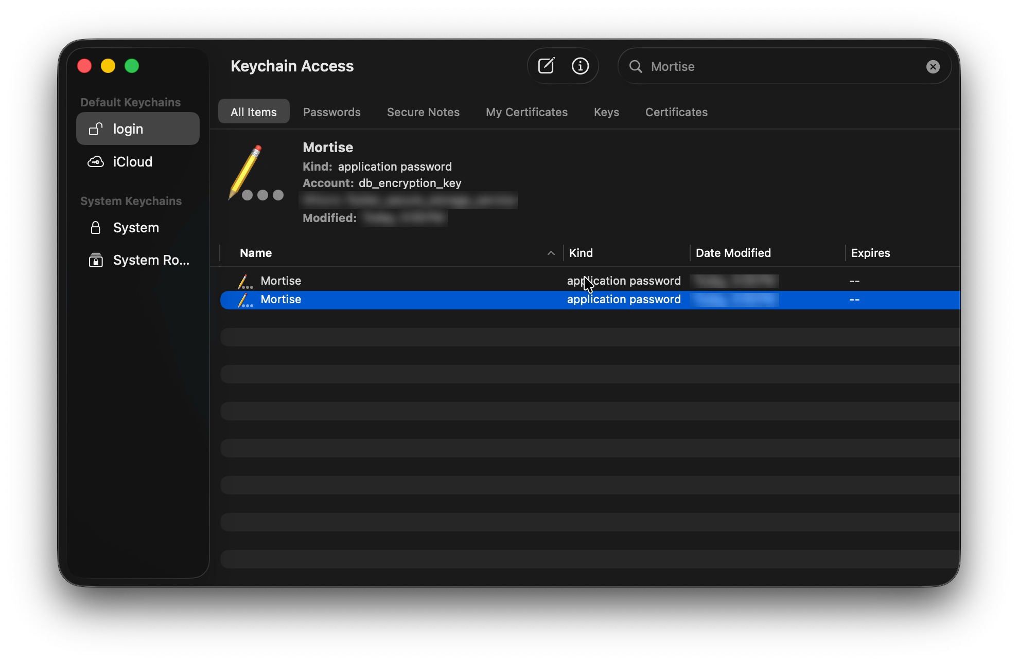 The Mortise encryption key stored in macOS Keychain Access